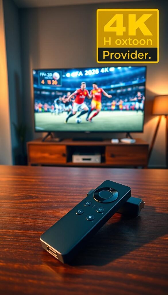A high-definition 4K image of a Firestick streaming device prominently displayed on a dark wooden table. The Firestick is positioned in the foreground, its sleek black design contrasted against the warm wooden surface. In the middle ground, a large flatscreen television is visible, its screen displaying a vivid 4K FIFA 2026 match, the players' movements and details captured in stunning clarity. The background features a cozy living room setting, with subtle lighting that creates a warm, cinematic atmosphere. The Hoxtoon Provider logo is tastefully displayed in the top right corner, indicating the high-quality 4K streaming capabilities enabled by their service.