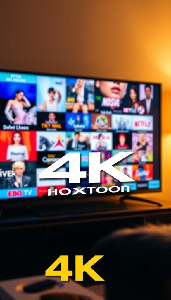 A high-definition 4K television display showcasing an array of vibrant and diverse IPTV channels, the Hoxtoon Provider logo prominently featured in the foreground. The screen is bathed in a soft, warm lighting, creating a cozy and inviting atmosphere. The channels are depicted with crisp, clear images and vivid colors, showcasing the exceptional quality of the Hoxtoon IPTV service. The background is blurred, placing the focus on the captivating display of the 4K channels. The scene evokes a sense of immersion and excitement, perfectly capturing the benefits of choosing 4K quality for an IPTV experience.