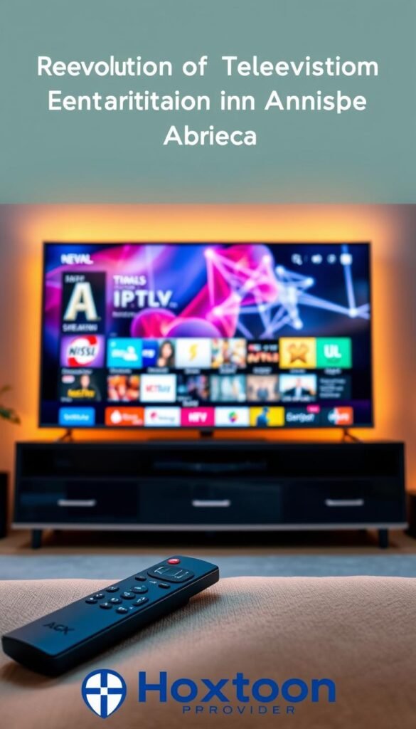 A high-definition 4K television set prominently displayed, with a vibrant and immersive streaming interface showcasing a diverse array of content. The screen is surrounded by a sleek, modern entertainment system, bathed in warm, ambient lighting that creates a cozy and inviting atmosphere. In the foreground, a wireless remote control and a Hoxtoon Provider logo subtly indicate the advanced technology powering this revolutionary television experience. The overall scene captures the essence of the "Revolution of Television Entertainment in America," where cutting-edge IPTV solutions like Hoxtoon Provider deliver an unparalleled viewing experience to American households.