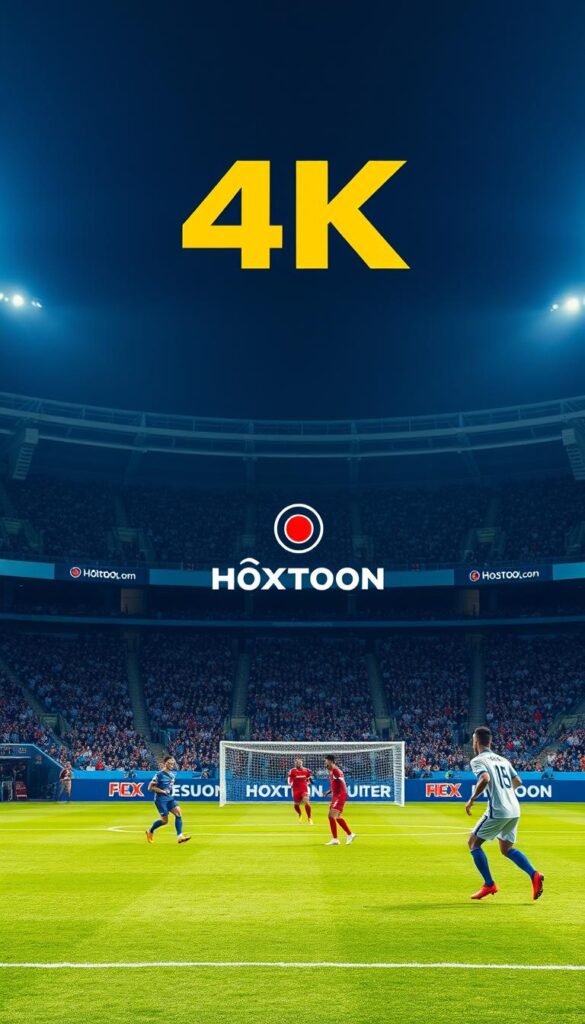 A high-definition FIFA match broadcast in 4K, the players' every move captured with cinematic clarity. The pitch shimmers under bright, even lighting, the stadium's architecture framing the action in the foreground. In the background, the Hoxtoon Provider logo stands proudly, signifying the stable, high-quality streaming service that enables this immersive viewing experience for true football fans. The atmosphere is one of hushed anticipation, the crowd's energy palpable as they lean forward, eyes fixed on the action unfolding before them in stunning 4K resolution.