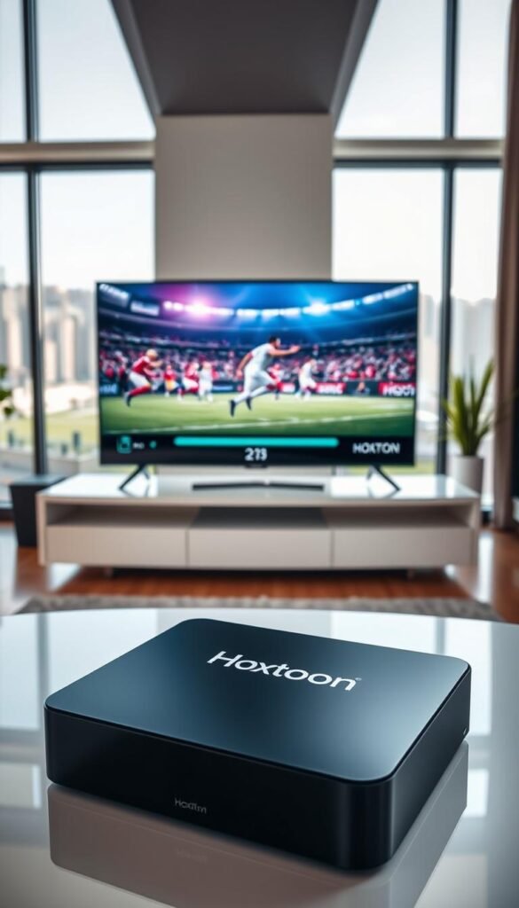 A high-definition IPTV service with the Hoxtoon Provider brand. In the foreground, a sleek black set-top box with the Hoxtoon logo prominently displayed. The box sits atop a polished, minimalist entertainment center, casting a soft glow. In the middle ground, a 4K television screen displays a vibrant, crystal-clear image of a live sports event, showcasing the service's exceptional video quality. The background features a modern, sophisticated living room with large windows, allowing natural light to filter in and create a warm, inviting atmosphere. The overall scene conveys the premium, cutting-edge nature of the Hoxtoon Provider IPTV service, catering to the needs of discerning viewers seeking the ultimate entertainment experience.