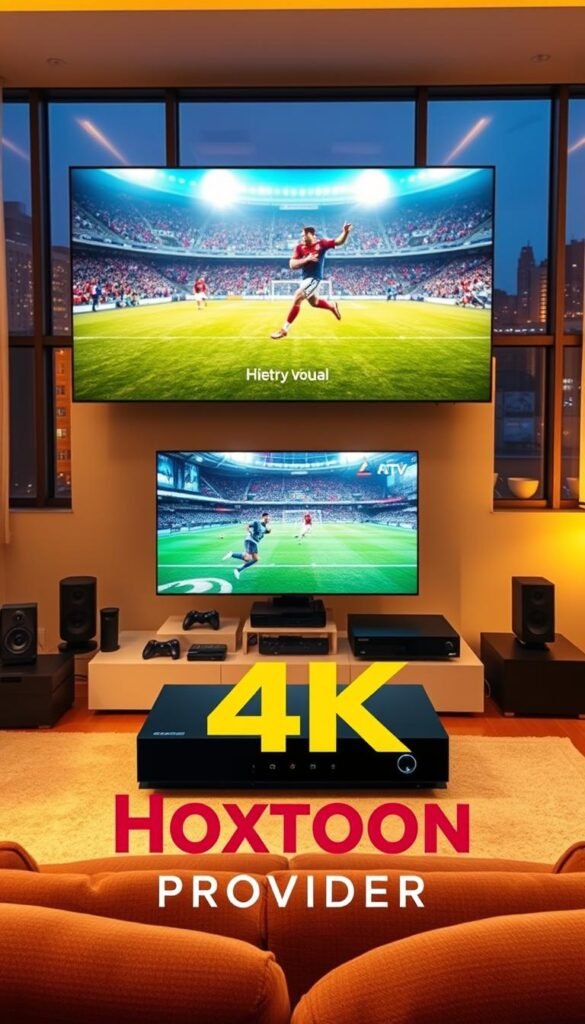 A high-definition, cinematic 4K football streaming scene featuring a large, vibrant HDTV display showcasing a captivating live match, surrounded by modern home entertainment equipment and accessories. The image is bathed in warm, natural lighting, creating a cozy, immersive atmosphere. In the foreground, a Hoxtoon Provider brand logo is prominently displayed, highlighting the premium IPTV service powering the crystal-clear, lag-free 4K video. The middle ground features various remote controls, gaming consoles, and sound equipment, while the background depicts a stylish, minimalist living room interior with large windows overlooking a nighttime city skyline.