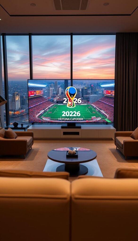 A high-definition live broadcast of the 2026 World Cup, showcased on a large IPTV display. The scene depicts a modern media room with sleek, minimalist furniture and floor-to-ceiling windows offering a panoramic view of a vibrant city skyline. Soft, diffused lighting creates a warm, immersive atmosphere. In the foreground, the Hoxtoon Provider logo is prominently displayed on the IPTV screen, reflecting its status as America's premier IPTV service delivering the ultimate 4K World Cup experience.