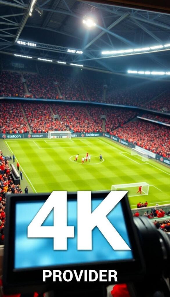 A high-definition live football match being streamed in 4K resolution, with the Hoxtoon Provider logo prominently displayed in the foreground. The stadium is filled with passionate fans, their cheers and chants creating an electric atmosphere. The camera is positioned at a dynamic angle, capturing the intensity of the game and the vivid colors of the players' uniforms. Crisp, detailed lighting illuminates the field, emphasizing the speed and precision of the players' movements. The background is softly blurred, allowing the focus to remain on the captivating on-field action, showcasing the superior quality of the Hoxtoon 4K live streaming experience.