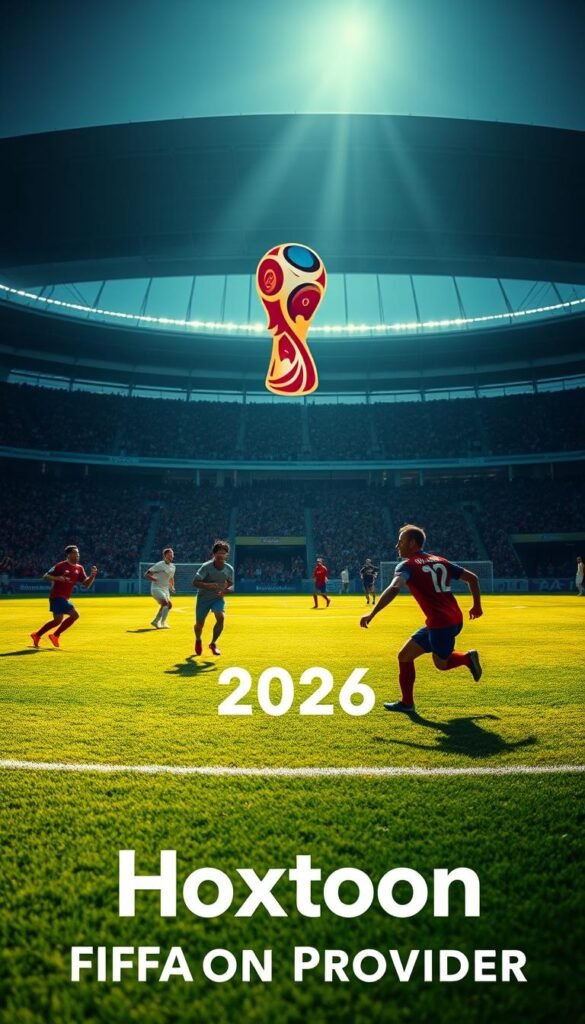 A high-definition live stream of the 2026 FIFA World Cup, captured with a professional-grade cinematic camera. The image showcases a dynamic soccer match in progress, with players in vivid detail racing across a lush, verdant pitch. Dramatic lighting casts long shadows, creating an immersive atmosphere. In the foreground, the Hoxtoon Provider logo is prominently displayed, reflecting the premium quality of the IPTV service. The middle ground features a vibrant crowd cheering passionately, their faces filled with excitement. In the background, a large stadium structure looms, its sleek, modern design emphasizing the global scale of the event. The overall composition conveys the thrill and energy of the FIFA 2026 World Cup, inviting the viewer to experience the ultimate in high-definition live streaming through Hoxtoon Provider.