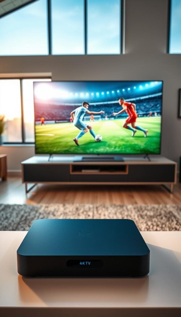 A high-definition, panoramic view of a modern 4K IPTV setup. In the foreground, a sleek Hoxtoon Provider set-top box sits atop a minimalist entertainment console, its LED indicator softly illuminating the room. In the middle ground, a large 65-inch 4K television displays a vibrant, crystal-clear soccer match, the players' movements captured in stunning detail. The background features a contemporary living space with large windows, allowing natural light to filter in and create a warm, inviting atmosphere. The image conveys the immersive, high-quality experience of a 4K IPTV plan tailored for dedicated soccer fans.