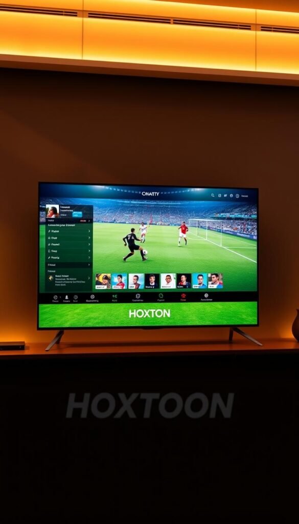 A high-definition soccer streaming service, the Hoxtoon Provider, is prominently displayed on a sleek, modern display. The screen showcases a live match in stunning 4K resolution, with players moving fluidly across the field. The scene is illuminated by warm, directional lighting, creating depth and drama. In the background, a sophisticated user interface with intuitive controls and a clean, minimalist design invites the viewer to explore the service's features. The overall atmosphere conveys a sense of cutting-edge technology, professional-grade sports coverage, and a premium entertainment experience for American FIFA fans.