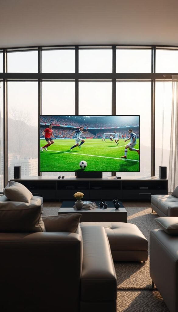 A high-definition soccer streaming service with the Hoxtoon Provider brand. A large 4K screen displays a vivid, ultra-realistic soccer match in progress, with players in sharp focus and natural lighting. The background features a modern, minimalist living room setting, with sleek furniture and large windows letting in soft, diffused natural light. The overall mood is one of immersion and high-quality entertainment, capturing the excitement and energy of a top-tier soccer broadcast.