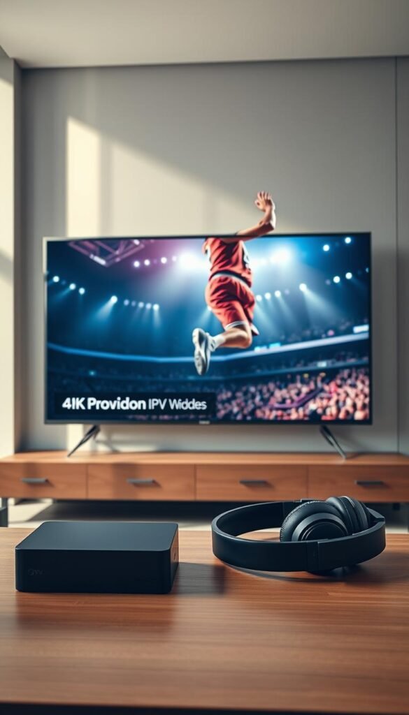 A high-definition sports IPTV display in a sleek, modern living room. The screen shows a close-up view of a basketball player in mid-jump, with vivid 4K details. Soft, diffused lighting from a large window illuminates the room, creating a warm, cinematic atmosphere. The Hoxtoon Provider logo is subtly displayed in the bottom corner. In the foreground, a high-end streaming device and remote control sit on a minimalist, wooden entertainment center. Beside them, a pair of premium noise-cancelling headphones suggest an immersive, theater-like viewing experience. The overall scene conveys the evolution of sports viewing, with cutting-edge IPTV technology elevating the experience to new heights.