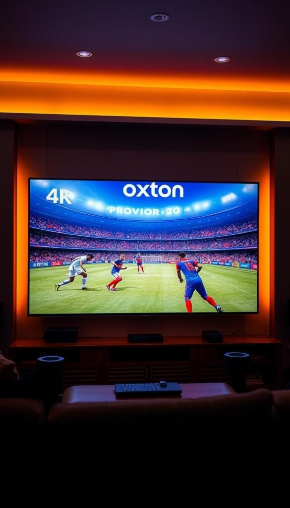 A high-end 4K IPTV system displaying the Hoxtoon Provider logo, showcasing a crisp, vivid FIFA match on a large screen. The frame is tightly composed, highlighting the screen's impressive resolution and color accuracy. Warm, diffused lighting from the sides creates a cozy, cinematic atmosphere, while a subtle hint of modern home decor surrounds the setup. The image radiates a sense of premium quality and accessibility, inviting the viewer to experience the best of affordable 4K FIFA IPTV in the USA.
