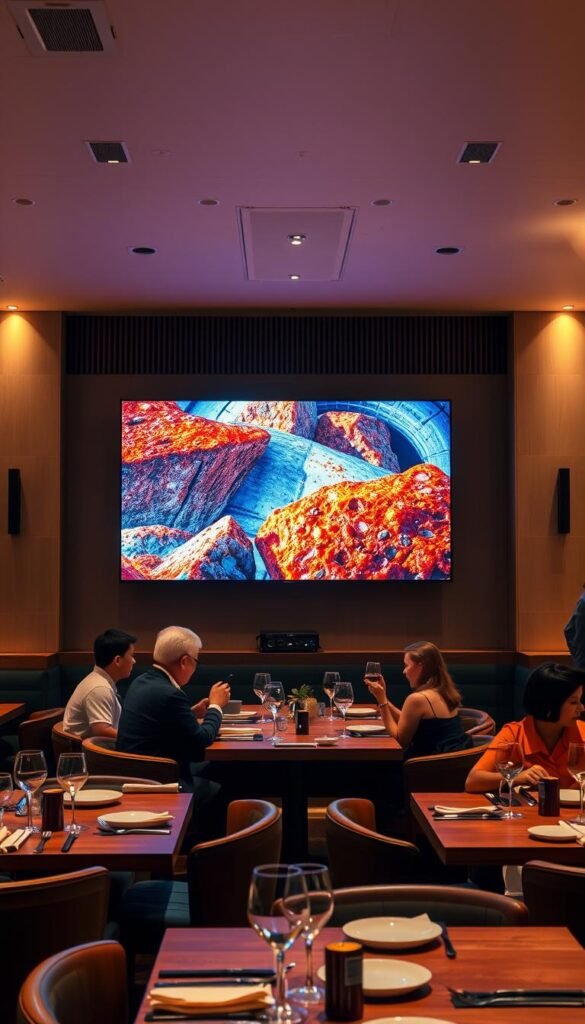 A high-end 4K IPTV system in a modern, upscale restaurant setting. The large, bright 4K display on the wall showcases stunning, vivid visuals, immersing diners in a premium viewing experience. Warm, diffused lighting enhances the cozy, sophisticated ambiance, while sleek, minimalist equipment from Hoxtoon Provider blends seamlessly into the decor. Patrons enjoy their meals against a backdrop of crystal-clear, lifelike imagery, elevating the overall dining experience.