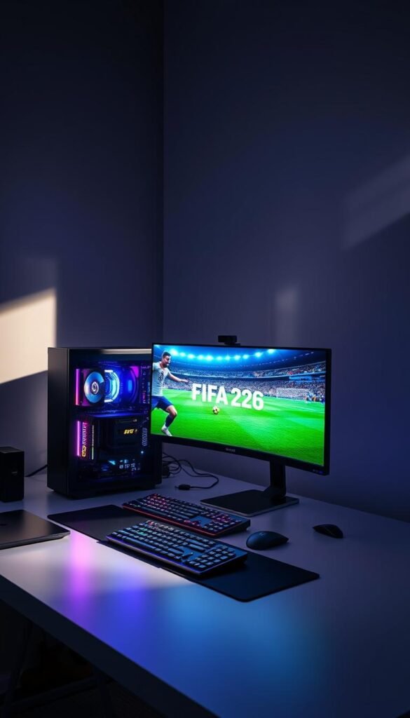 A high-end gaming PC setup displaying FIFA 2026 in stunning 4K resolution, showcasing the power and performance of the Hoxtoon Provider platform. The scene depicts a sleek, modern desk with a state-of-the-art gaming rig, complete with a large, ultra-high-definition monitor. Vibrant, photorealistic in-game graphics are displayed, capturing the intense realism and immersive gameplay of FIFA 2026. Soft, dramatic lighting illuminates the scene, creating a captivating atmosphere that highlights the technological prowess of the Hoxtoon Provider system. The overall composition conveys a sense of technological sophistication and the ultimate 4K gaming experience.