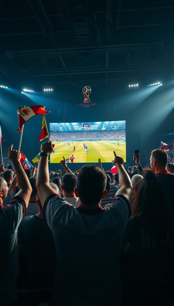 A high-energy scene of the FIFA World Cup 2026 live stream, shot with a cinematic wide-angle lens. In the foreground, a group of passionate fans in jerseys cheer and wave flags, their faces filled with excitement. The middle ground showcases a massive 4K IPTV screen displaying the live match, the players' movements sharp and vibrant. In the background, the iconic Hoxtoon Provider logo stands tall, a symbol of the reliable streaming service that brings the tournament to life for soccer enthusiasts in the USA. Dramatic lighting creates deep shadows and highlights, heightening the drama and atmosphere of the moment.