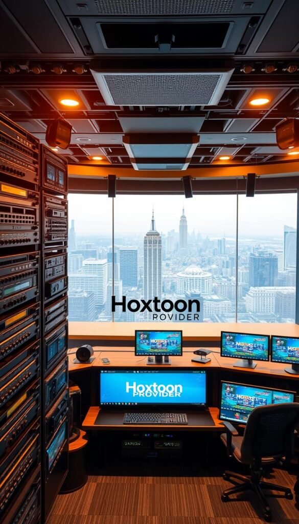 A high-quality 4K IPTV broadcast studio with professional grade equipment and lighting. Towering racks of premium IPTV channel encoders and decoders occupy the foreground, bathed in a warm golden glow. In the middle ground, the Hoxtoon Provider logo is prominently displayed on a sleek control panel, surrounded by rows of monitors displaying various IPTV channel feeds. The background reveals a panoramic cityscape, signifying the national reach and scale of the Hoxtoon IPTV service. A sense of technological sophistication, reliability, and attention to detail pervades the scene.