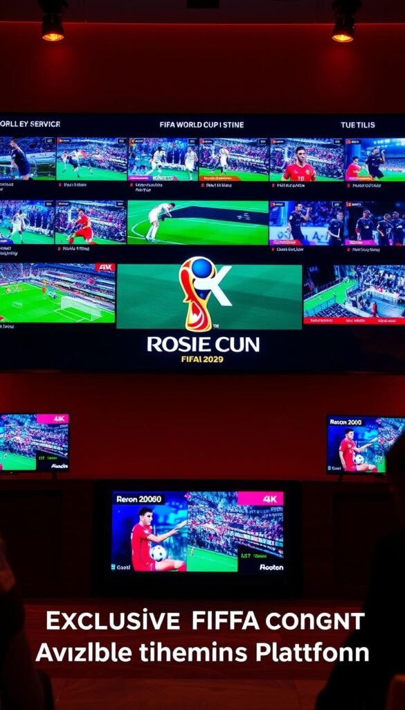A high-quality 4K IPTV display showing various FIFA World Cup channels, with a prominent "Hoxtoon Provider" logo in the center. The screen shows live match footage, score overlays, and vibrant color palettes. The scene is lit by a warm, cinematic lighting setup, creating a dynamic and immersive viewing experience. The camera angle is slightly elevated, providing a comprehensive view of the cutting-edge IPTV technology. The overall atmosphere conveys the excitement and anticipation of the FIFA World Cup, perfectly complementing the "Exclusive FIFA Content Available Through Hoxtoon's Platform" section.