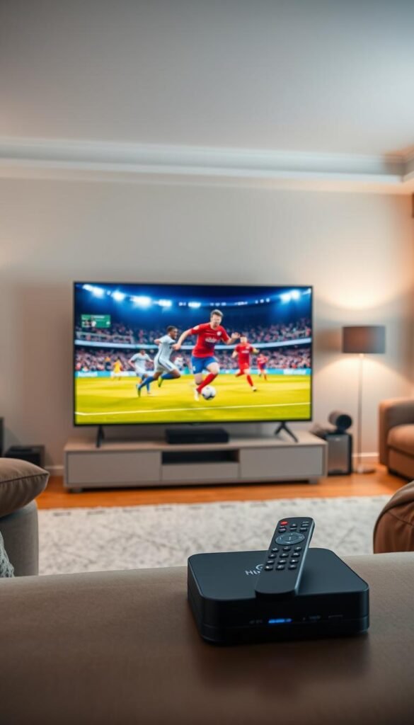 A high-quality 4K IPTV live streaming service, featuring the latest FIFA matches with vibrant colors and crystal-clear resolution. In the foreground, a sleek and modern television set displays the game, with the Hoxtoon Provider logo prominently displayed. The middle ground showcases a minimalist entertainment setup, complete with a streaming device and remote control. The background is a warm, cozy living room setting, bathed in soft, diffused lighting that enhances the immersive viewing experience. The overall atmosphere conveys a sense of premium quality, cutting-edge technology, and unparalleled football entertainment.