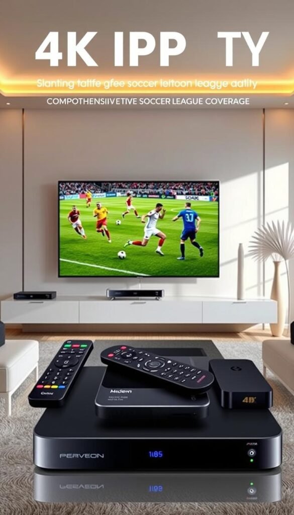 A high-quality 4K IPTV package from Hoxtoon Provider, showcasing comprehensive soccer league coverage. In the foreground, a large screen displays a live soccer match in vivid 4K detail, with players moving fluidly across the field. The middle ground features an array of remote controls and streaming devices, highlighting the flexibility of the IPTV system. The background is a modern, minimalist living room setting, with sleek furniture and warm lighting, creating a cozy, immersive atmosphere for the soccer fan. The overall scene conveys a sense of premium, high-definition sports entertainment, tailored to the needs of the passionate soccer enthusiast.