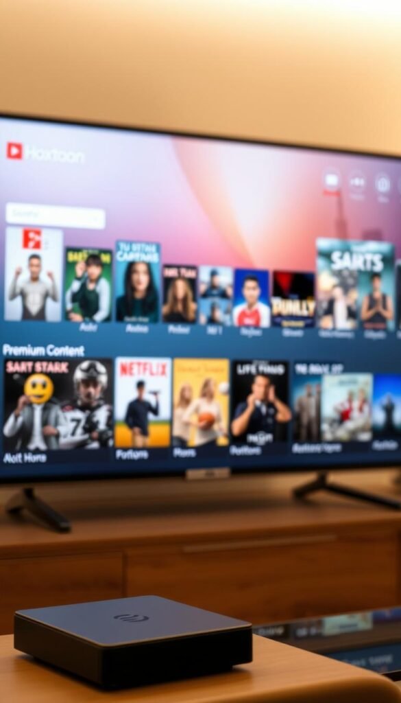 A high-quality 4K IPTV screen displaying a variety of premium content options, with a sleek and modern user interface. The screen is illuminated by soft, diffused lighting, creating a warm and inviting atmosphere. In the foreground, the "Hoxtoon Provider" brand is prominently displayed, highlighting the service responsible for delivering this premium content. The middle ground showcases a selection of film posters, TV show thumbnails, and live sports events, hinting at the diverse range of content available. The background is blurred, adding depth and focus to the main elements. The overall scene conveys a sense of luxury, exclusivity, and the promise of an immersive entertainment experience.