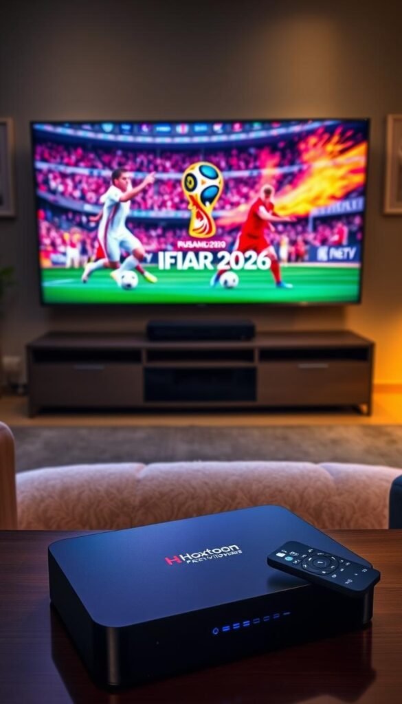A high-quality 4K IPTV screen displaying vibrant football action from the FIFA 2026 World Cup, with the Hoxtoon Provider logo prominently featured. In the foreground, a 4K streaming box and remote control are positioned, conveying the ease of accessing the premium sports coverage. The middle ground showcases a sleek, modern living room setup, with a large flatscreen TV and comfortable seating. The background features a dimly lit, cozy atmosphere, creating a relaxing and immersive viewing experience. The overall scene radiates a sense of excitement and anticipation for the upcoming FIFA tournament, seamlessly integrated with the Hoxtoon Provider brand.