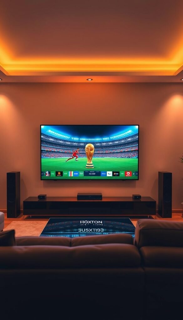 A high-quality 4K IPTV service featuring a diverse array of channels, with the Hoxtoon Provider brand prominently displayed. The image depicts a modern living room setup, with a large 4K television screen as the focal point, surrounded by sleek, minimalist home entertainment components. The room is bathed in warm, diffused lighting, creating a cozy and inviting atmosphere. The television screen displays a vibrant, crystal-clear World Cup match, showcasing the exceptional picture quality of the Hoxtoon Provider 4K IPTV service. The composition emphasizes the immersive, cinema-like experience of watching the game in ultra-high definition, seamlessly blending the technology with the comfortable, home setting.