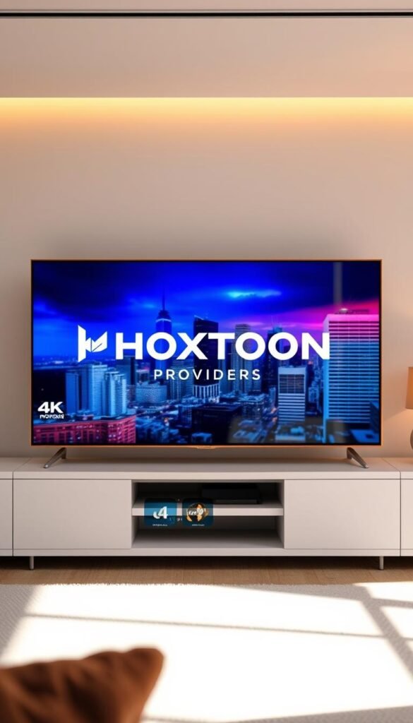 A high-quality 4K IPTV service offered by the Hoxtoon Provider, the premier IPTV company in America. In the foreground, a sleek, modern smart TV displays vivid, crystal-clear 4K content. The mid-ground showcases the Hoxtoon Provider logo and branding, conveying a sense of professionalism and reliability. The background features a cityscape, highlighting the wide availability and accessibility of the Hoxtoon IPTV service across the United States. Soft, warm lighting sets a welcoming tone, and the composition is balanced and visually appealing, capturing the essence of an exceptional 4K IPTV experience.