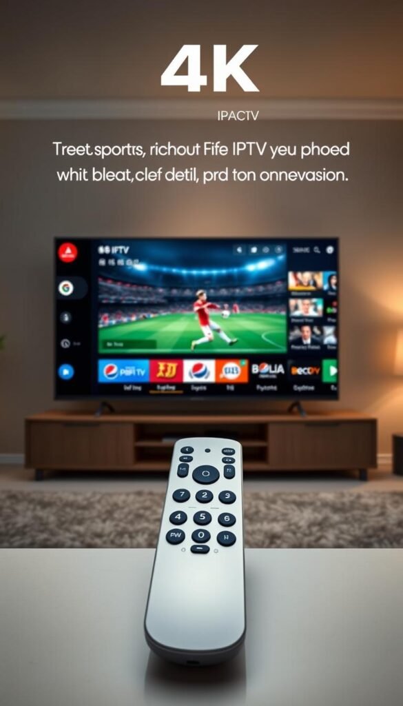 A high-quality 4K IPTV service with Hoxtoon Provider, featuring a sleek, modern interface showcasing an array of premium channels, live sports, and on-demand content. The foreground displays a smart TV displaying a crystal-clear 4K FIFA match, while the middle ground highlights a clean, user-friendly remote control. The background depicts a minimalist, well-lit living room setting, conveying a cozy and immersive home entertainment experience. The lighting is natural and warm, with a subtle, cinematic tone that enhances the overall presentation of the IPTV features.