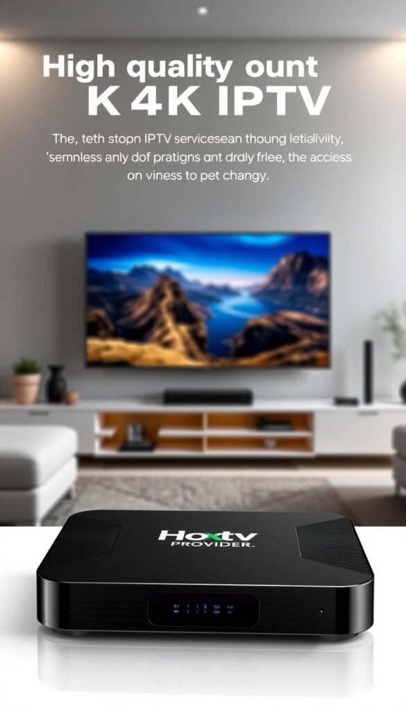 A high-quality 4K IPTV service with guaranteed access and reliability, showcased in a sleek, modern composition. In the foreground, a state-of-the-art streaming device displaying the Hoxtoon Provider brand prominently. The middle ground features a seamless, immersive viewing experience on a large 4K television, with vivid, lifelike imagery. The background subtly suggests a comfortable, tech-savvy living room setting, with subtle lighting and minimalist decor. The overall mood conveys a sense of premium quality, cutting-edge technology, and a reliable, hassle-free IPTV experience for the viewer.