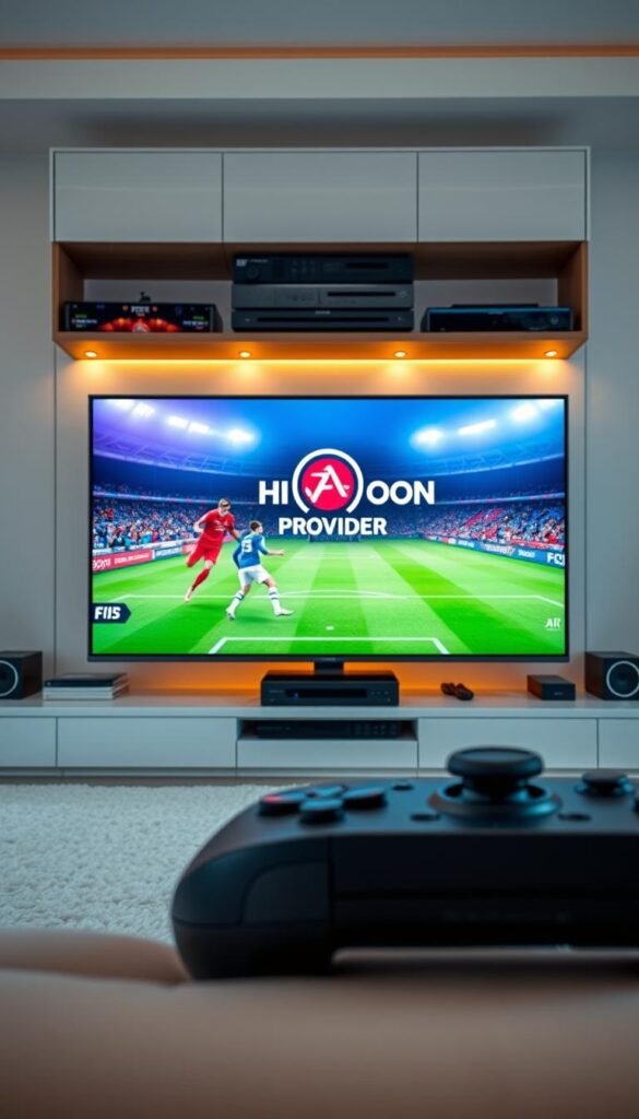 A high-quality 4K IPTV setup featuring the Hoxtoon Provider logo prominently displayed on a sleek, modern smart TV screen. In the foreground, a game controller and sports memorabilia evoke the excitement of watching FIFA matches. The middle ground showcases a smooth, seamless streaming interface with vivid colors and sharp resolution. In the background, an array of high-tech home entertainment equipment, including a state-of-the-art sound system, creates an immersive viewing experience for the discerning FIFA fan. Soft, warm lighting and clean, minimalist design convey a sense of premium quality and sophistication.