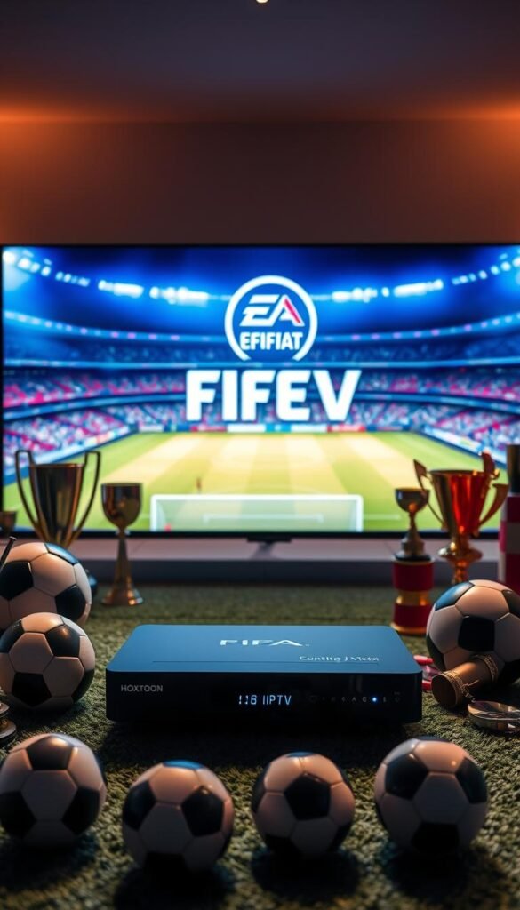 A high-quality 4K IPTV setup with FIFA packages, featuring a sleek and modern Hoxtoon Provider device displayed prominently in the foreground. The device is surrounded by soccer balls, trophies, and other sports memorabilia, creating a sense of excitement and anticipation. The background showcases a vibrant, sports-themed environment with a stadium in the distance, capturing the essence of the FIFA experience. Soft, diffused lighting creates a warm and inviting atmosphere, highlighting the premium quality of the Hoxtoon Provider and the immersive 4K IPTV offering.