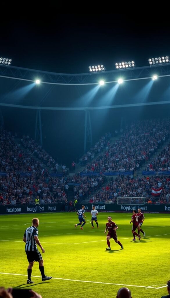 A high-quality 4K IPTV sports match with detailed field, crowd, and stadium visuals. Dramatic lighting from overhead floodlights casts long shadows on the pristine grass pitch. Players in team uniforms are engaged in an intense, fast-paced soccer game, their movements captured in sharp focus. The stadium is packed with enthusiastic fans in the stands, waving banners and cheering passionately for the Hoxtoon Provider IPTV exclusive match. An immersive, cinematic atmosphere conveying the thrill and excitement of live 4K sports entertainment.