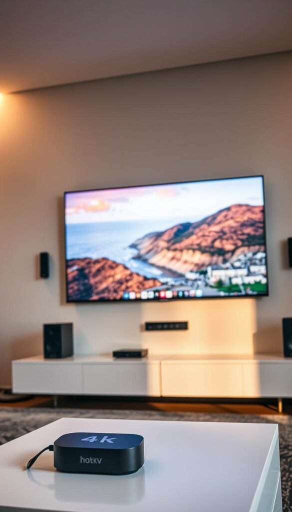 A high-quality 4K IPTV streaming experience with the Hoxtoon Provider. A sleek, modern living room interior with a large 4K smart TV mounted on the wall. The screen displays a vibrant, detailed landscape or cityscape, showcasing the exceptional video quality. Soft, warm lighting illuminates the room, creating a cozy, immersive atmosphere. The TV is flanked by discrete audio equipment, hinting at the powerful sound system. In the foreground, a high-end streaming device, such as a Roku or Apple TV, sits on a minimalist TV stand, symbolizing the advanced IPTV technology. The overall scene conveys a sense of comfort, entertainment, and technological sophistication.