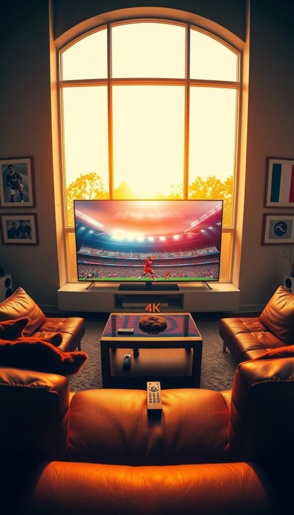 A high-quality 4K IPTV streaming platform featuring specialized French World Cup coverage, presented by the Hoxtoon Provider. A panoramic scene of a modern living room, warm lighting filtering through large windows. Plush leather sofas facing a massive Ultra HD television displaying the vibrant colors and dramatic action of the world's premier soccer tournament. On the coffee table, a sleek remote control and a Hoxtoon branding element. Framed soccer imagery and national team flags adorn the walls, setting an atmosphere of global sporting passion. The room's occupants are absent, allowing the technology and visuals to take center stage.