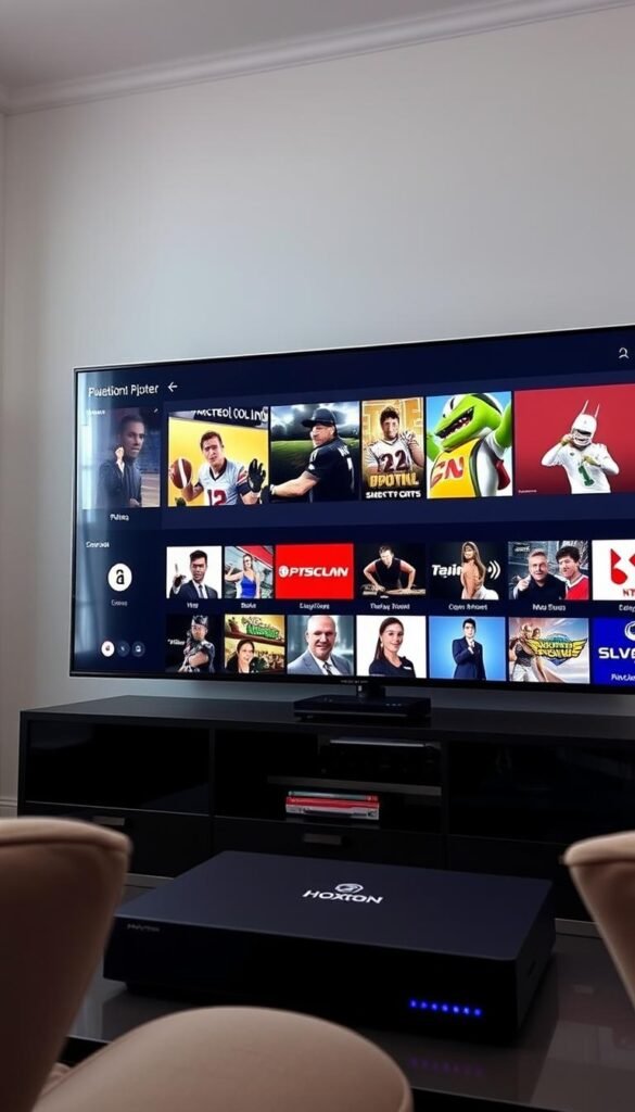 A high-quality 4K IPTV streaming setup, showcasing a sleek Hoxtoon Provider device with a clean, modern interface on a 4K smart TV. The screen displays a diverse array of live channels, including popular sports, movies, and news networks, all with a crisp, high-bitrate picture quality. The room is well-lit with soft, natural lighting, creating a comfortable and immersive viewing experience. The overall atmosphere conveys a sense of premium entertainment and the convenience of modern IPTV technology.