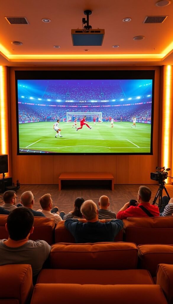 A high-quality 4K broadcast of the World Cup, brought to you by the Hoxtoon Provider IPTV service. In the foreground, a giant projection screen displays the action on the pitch, with vivid colors and sharp details. The scene is bathed in warm, cinematic lighting, creating a cozy, immersive atmosphere. In the middle ground, a group of soccer fans sit comfortably on plush couches, their eyes glued to the screen, engrossed in the thrilling match. The background features a sleek, modern media room, with state-of-the-art audio equipment and a professional-grade camera setup, capturing every moment of the German4K IPTV World Cup coverage in stunning, high-definition quality.