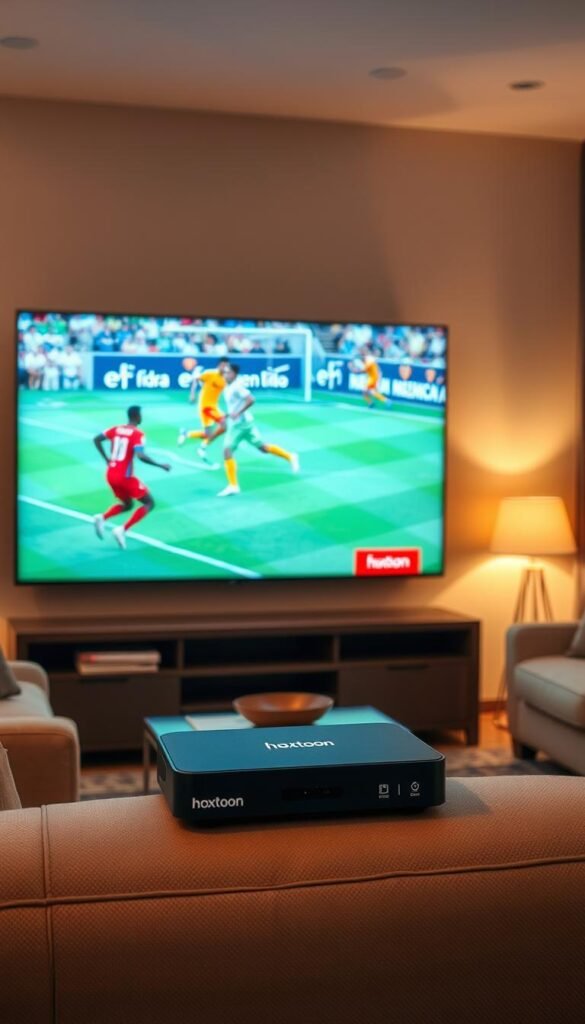 A high-quality, 4K resolution image of a FIFA soccer match being streamed live on a large, ultra-high-definition television screen. The scene is set in a cozy, well-lit living room with modern furniture and decor. In the foreground, a Hoxtoon Provider set-top box is prominently displayed, indicating the source of the Portuguese-language broadcast. The television screen shows the action on the pitch, with players in their vibrant uniforms moving swiftly across the field. Soft, warm lighting illuminates the room, creating a comfortable and immersive viewing experience. The overall atmosphere conveys a sense of excitement and enjoyment for the football enthusiast.