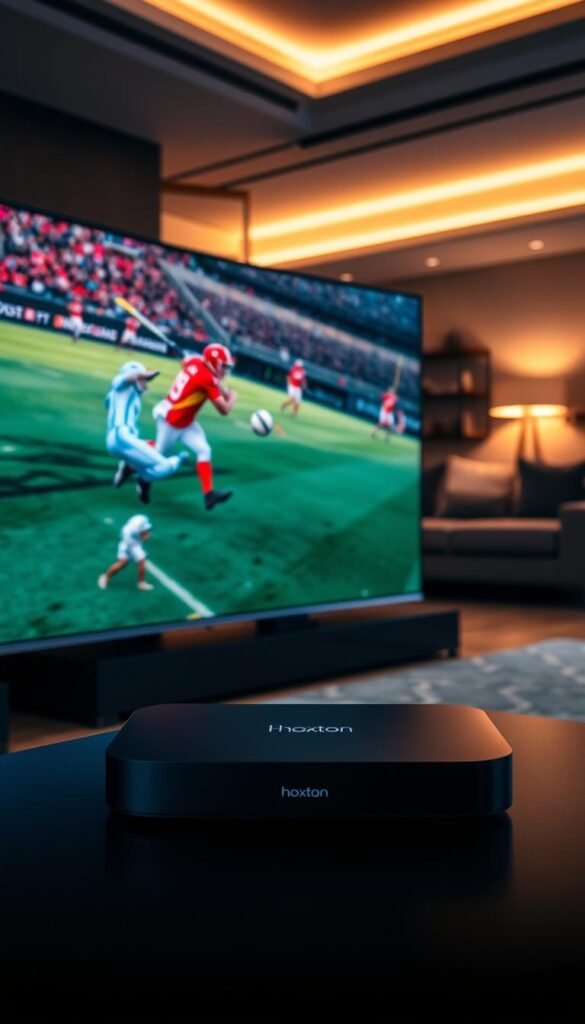 A high-quality 4K resolution image of a sleek, modern IPTV setup designed for live sports streaming. In the foreground, a stylized stream of sports highlights in motion, displayed on a large, curved 4K HDR television. In the middle ground, a Hoxtoon Provider set-top box with a clean, minimalist design, subtly positioned. In the background, a dimly lit, contemporary living room with modern furnishings and accent lighting, creating a cozy, immersive atmosphere for the ultimate sports viewing experience.