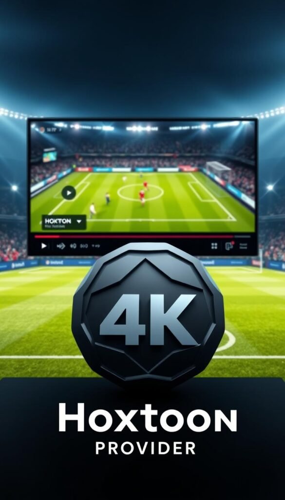 A high-quality 4K soccer streaming service, showcasing the Hoxtoon Provider logo prominently in the foreground. The scene depicts a modern, sleek media player interface with a 4K match playing on a large, high-resolution display. The middle ground features various streaming service icons and UI elements, while the background showcases a blurred, atmospheric stadium scene with spectators and lighting effects. The overall mood is one of excitement, immersion, and technological sophistication, highlighting the premium nature of the Hoxtoon 4K soccer streaming experience.
