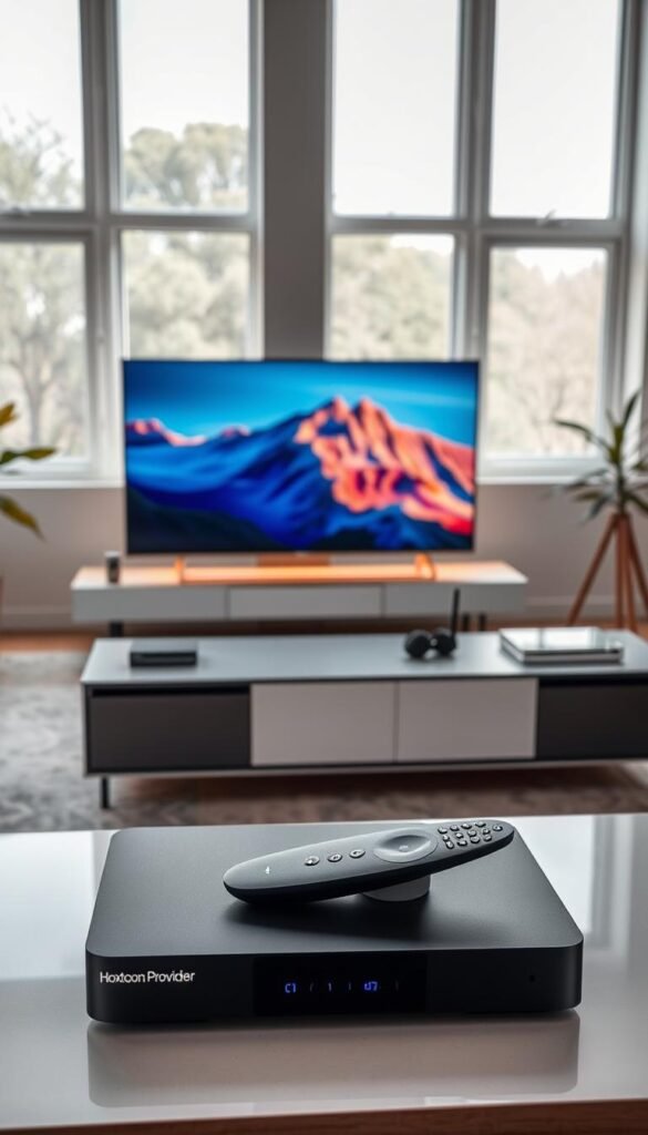 A high-quality 4K streaming service setup, featuring sleek and modern devices arranged in a minimalist living room setting. In the foreground, a state-of-the-art smart TV displays vibrant, crystal-clear imagery, surrounded by a subtle ambient lighting setup. In the middle ground, a Hoxtoon Provider media box and accompanying remote control sit atop a contemporary media console, conveying the premium quality of the IPTV service. The background showcases floor-to-ceiling windows, allowing natural light to flood the space and create a warm, inviting atmosphere. The overall scene exudes a sense of technological sophistication and immersive entertainment experience.