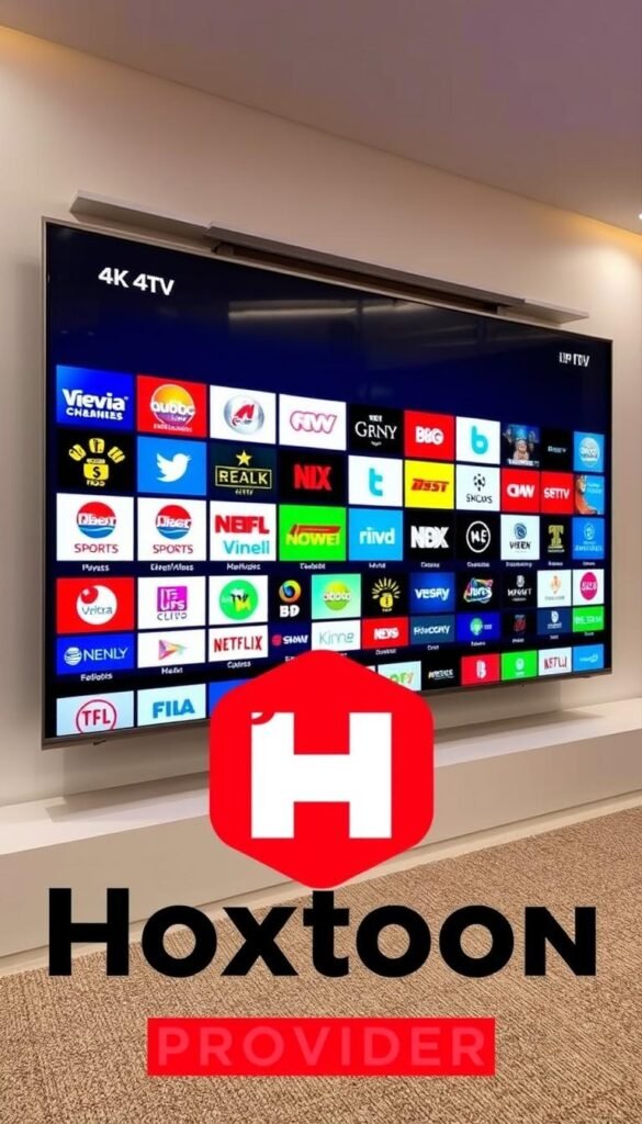 A high-quality 4K television display showcasing a diverse array of IPTV subscription channels. The screen is filled with a grid of vibrant, crisp channel logos representing a comprehensive lineup, including popular news, sports, entertainment, and specialty networks. The display is set against a sleek, modern interior with clean lines and subtle ambient lighting, conveying a sense of premium quality and reliable service. In the foreground, the Hoxtoon Provider logo is prominently featured, solidifying its position as a top-tier IPTV service provider in the United States.