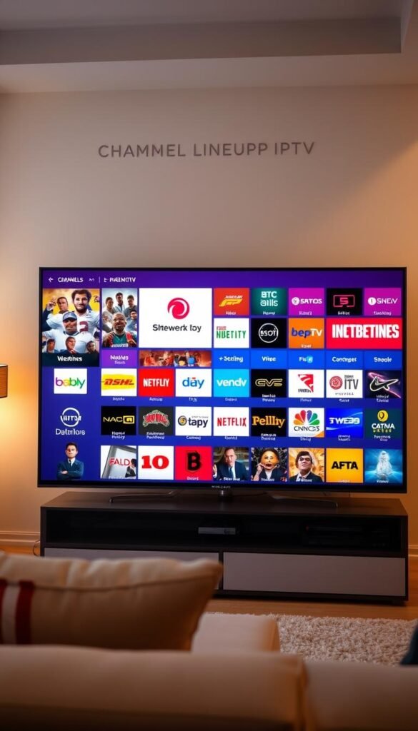 A high-quality 4K television displaying a diverse array of premium IPTV channels, showcasing the comprehensive channel lineup available with the Hoxtoon Provider. The screen is crisp and vibrant, with a range of channels spanning news, sports, movies, and entertainment. The user interface is sleek and intuitive, allowing for seamless navigation. In the background, a modern living room setting with warm lighting and minimalist decor, creating a cozy and immersive viewing experience. The image conveys the reliability, quality, and variety of the Hoxtoon Provider's IPTV offering.
