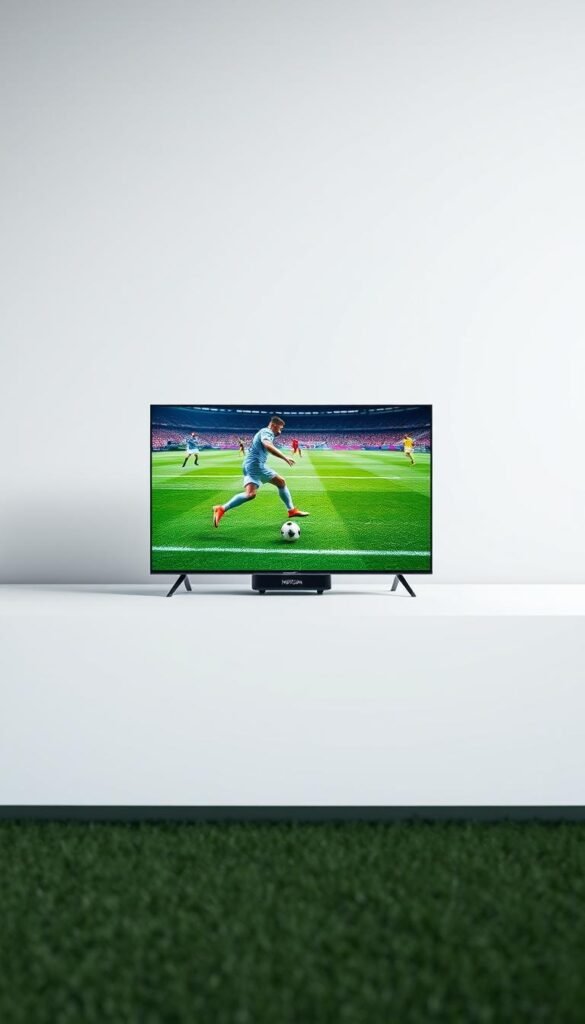 A high-quality, 4K ultra-high-definition image of a modern, sleek 4K IPTV streaming device showcasing the Hoxtoon Provider brand. The device is prominently displayed in the center, with a crisp, vibrant display showing a live football match in stunning 4K resolution. The device is situated on a minimalist, white background, with subtle hints of a sports arena or stadium in the out-of-focus background, conveying a sense of immersion and excitement for the live sports experience. The lighting is soft and natural, highlighting the device's premium design and the vivid colors of the football match. The overall mood is one of high-quality, modern technology seamlessly integrated with the thrill of live sports viewing.