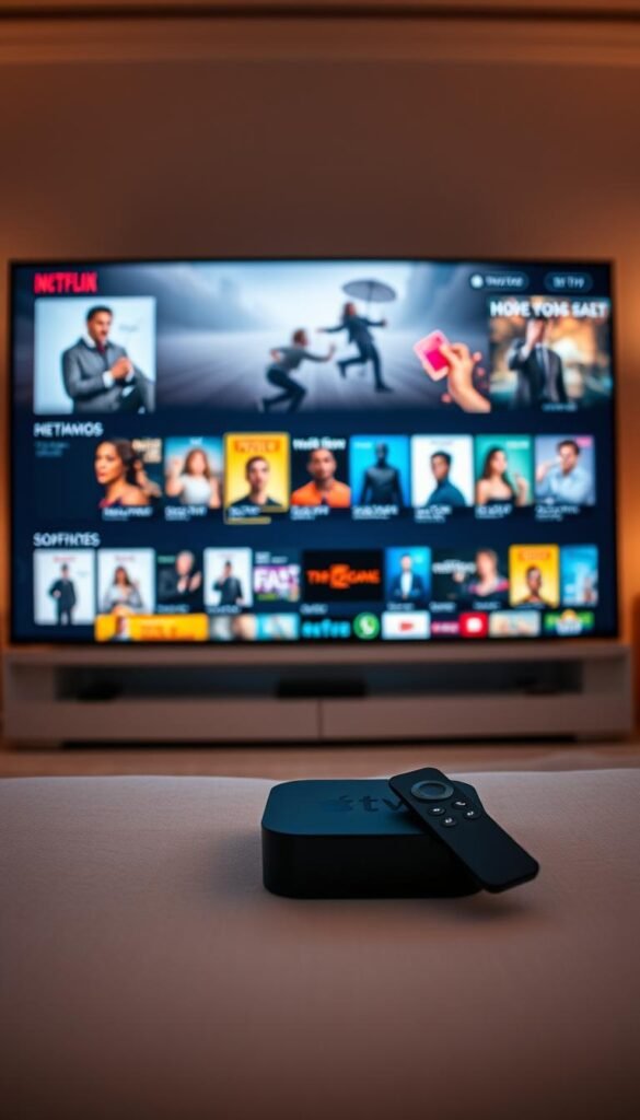 A high-quality 4K video streaming experience, centered on a large, ultra-high-definition display showcasing a diverse range of captivating content from the Hoxtoon Provider platform. In the foreground, a sleek Apple TV device effortlessly connects to the IPTV service, its minimalist design complementing the modern living room setting. The middle ground features neatly organized content thumbnails, inviting the viewer to explore Hoxtoon's comprehensive library of movies, TV shows, and live channels. The background depicts a softly lit, cozy atmosphere, with subtle ambient lighting and warm tones that create a relaxed, immersive viewing environment. The overall scene radiates a sense of technological sophistication and cinematic elegance, reflecting the premium experience Hoxtoon Provider offers to its discerning users.