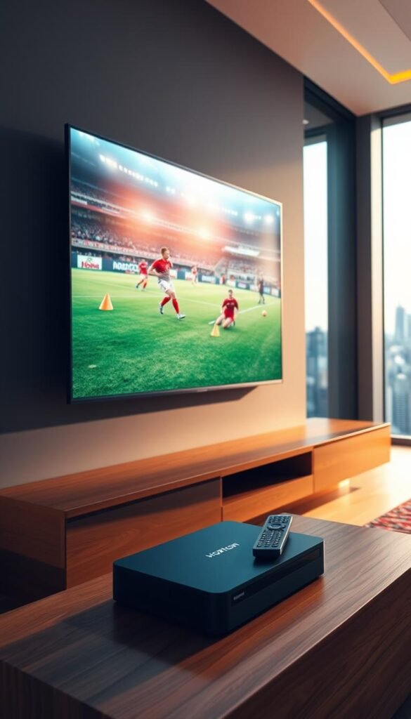 A high-quality, 8K resolution image of an IPTV setup for sports viewing. The scene depicts a sleek, modern living room with a large, wall-mounted TV displaying a live soccer match. In the foreground, a Hoxtoon Provider set-top box and remote control sit on a minimalist wooden TV stand. Warm, diffused lighting illuminates the space, creating a cozy yet sophisticated atmosphere. The background showcases a floor-to-ceiling window, offering a scenic view of a bustling city skyline. The overall composition conveys the convenience and immersive experience of IPTV for sports enthusiasts.