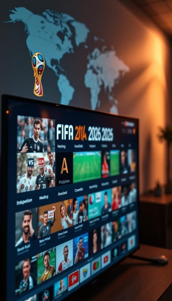 A high-quality HD IPTV service featuring the upcoming FIFA 2026 World Cup matches, presented by Hoxtoon Provider. A sleek, modern user interface showcases a grid of live channels, easy to navigate with intuitive controls. The service offers crystal-clear 1080p video, low latency, and a robust channel lineup covering global sports, news, and entertainment. In the foreground, a closeup of a smart TV displaying the FIFA2026 IPTV service, while in the background a subtle world map highlights the global reach. Subtle lens flare and warm lighting create a premium, professional atmosphere.