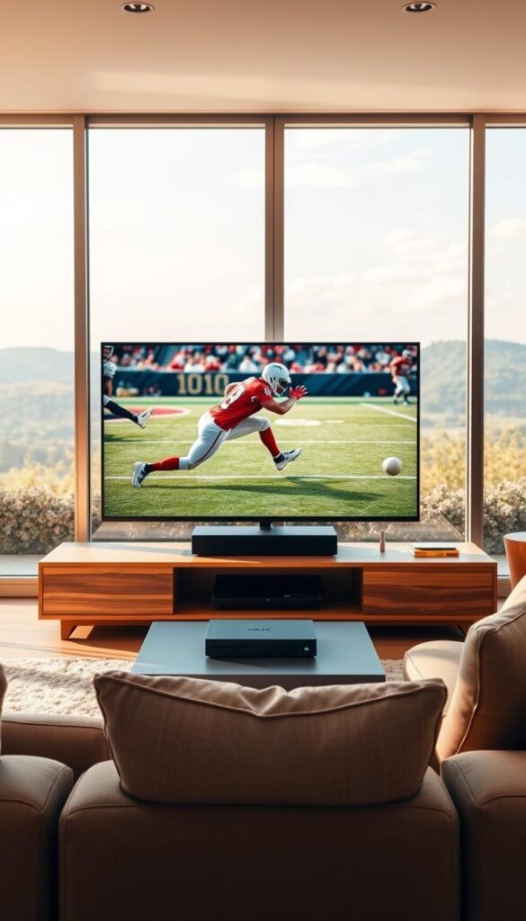 A high-quality, cinematic 4K IPTV setup with a clean, modern aesthetic. In the foreground, a state-of-the-art smart TV displays vibrant, ultra-high-definition sports footage, surrounded by a minimalist entertainment center in warm, natural wood tones. In the middle ground, a sleek, discreet Hoxtoon Provider set-top box blends seamlessly into the decor, while plush, comfortable seating invites viewers to immerse themselves in the action. The background features large windows overlooking a serene outdoor landscape, bathed in soft, diffused natural lighting that enhances the overall sense of relaxation and sophistication. The entire scene conveys the effortless elegance and transformative power of 4K IPTV for the modern home entertainment experience.