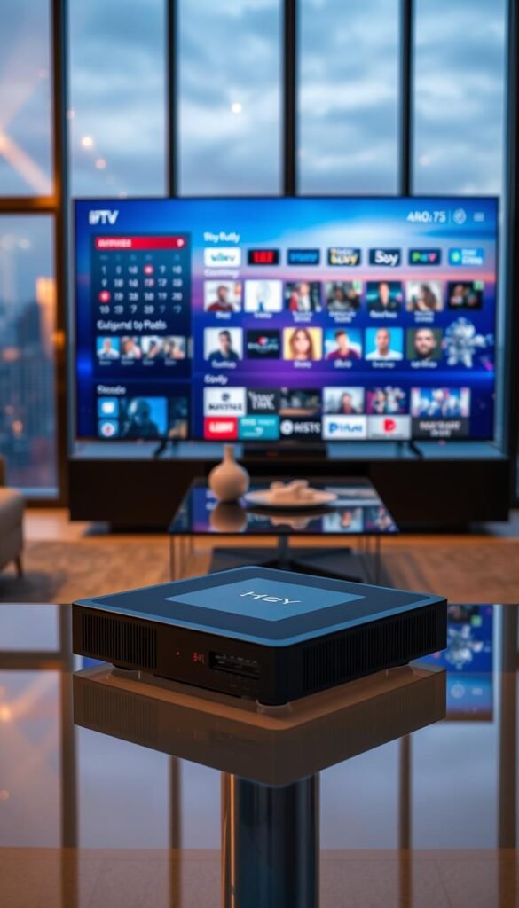 A high-quality, cinematic image of Hoxtoon Provider's IPTV services. In the foreground, a sleek, 4K-enabled set-top box rests on a minimalist glass table, its LED lights softly glowing. Behind it, a large, ultra-high-definition TV displays a crisp, vivid interface showcasing Hoxtoon Provider's extensive channel lineup and on-demand content. In the background, a modern, stylish living room with floor-to-ceiling windows overlooks a vibrant cityscape, bathed in warm, golden-hour lighting. The overall scene conveys a sense of technological sophistication, immersive entertainment, and the ultimate IPTV experience with Hoxtoon Provider.