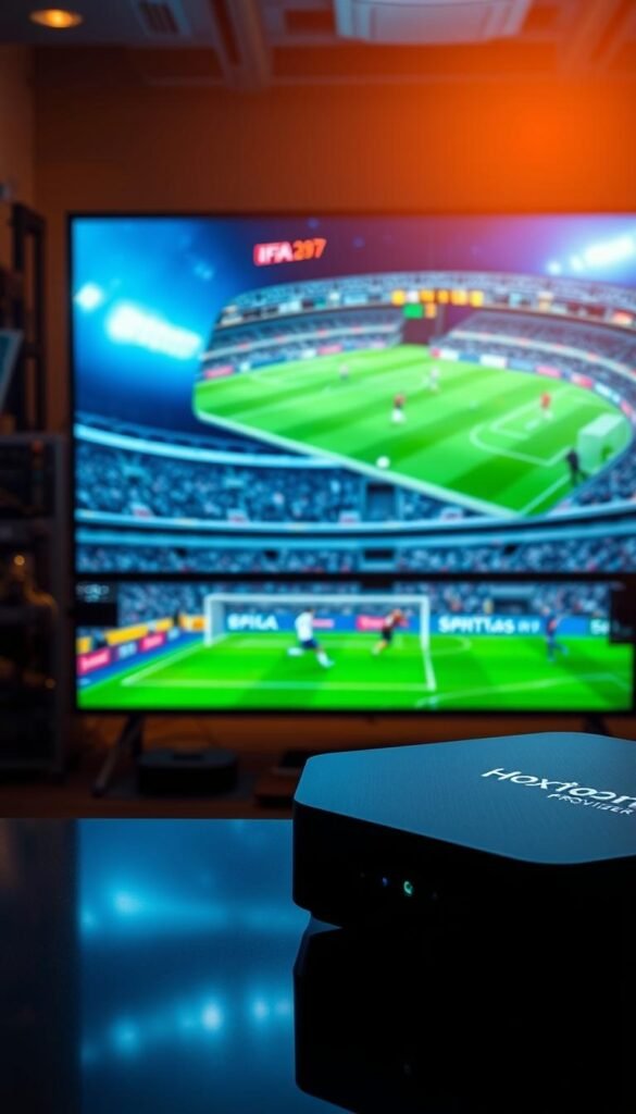 A high-quality, cinematic image showcasing the technology behind IPTV. In the foreground, a sleek, modern set-top box with the Hoxtoon Provider logo prominently displayed, conveying the brand's premium offering. In the middle ground, a network of interconnected devices and servers, representing the infrastructure that powers IPTV. In the background, a vibrant, sports-themed setting with a large TV screen displaying a vivid 4K FIFA match, immersing the viewer in the ultimate sports viewing experience. The scene is bathed in warm, cinematic lighting, creating a sense of quality and luxury. The overall composition conveys the power, reliability, and user-friendly nature of IPTV technology, catering to the needs of sports fans.