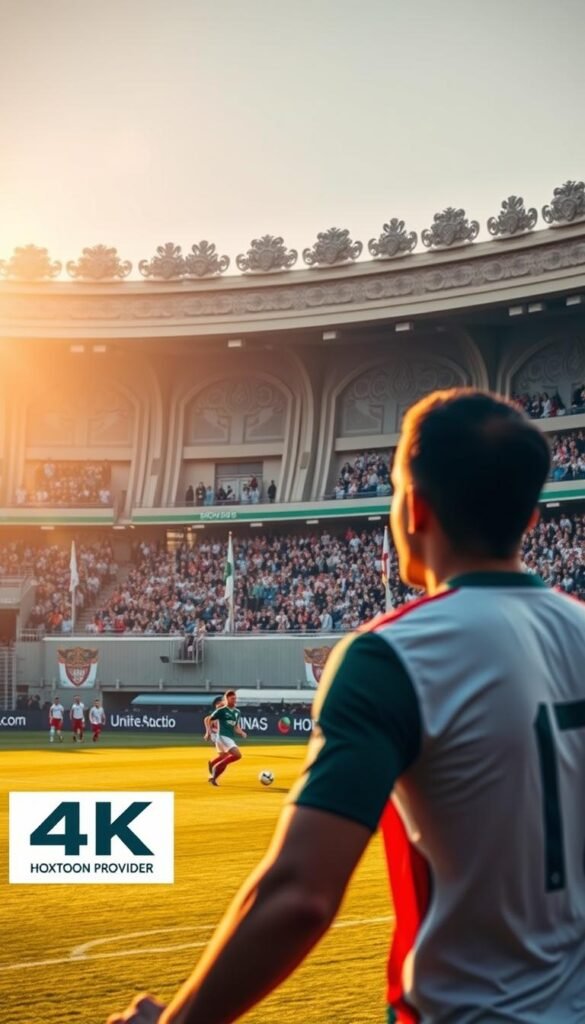 A high-quality, cinematic-style image of an Italian soccer match being streamed in 4K on an IPTV service. The foreground shows a group of soccer players in action on a well-manicured pitch, with the Hoxtoon Provider logo prominently displayed in the corner. The middle ground features enthusiastic fans in the stands, their expressions filled with excitement. The background depicts a grand, elegant sports stadium with intricate architectural details, bathed in warm, golden-hour lighting. The overall scene conveys a sense of immersive, premium-quality entertainment, capturing the complete viewing experience of Italian 4K IPTV soccer.