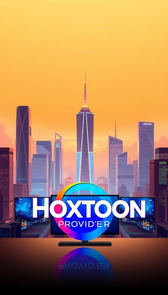 A high-quality digital illustration of the "Hoxtoon Provider" brand, showcasing the excellence of their IPTV service in the USA. The foreground features the Hoxtoon Provider logo prominently displayed, with vibrant colors and a sleek, modern design. The middle ground depicts a futuristic cityscape, with skyscrapers and digital screens showcasing Hoxtoon's high-definition streaming capabilities. The background is a gradient of warm hues, conveying a sense of reliability, professionalism, and technological prowess. The overall composition is balanced, with clean lines, sharp details, and a cinematic lighting setup, creating an image that is both visually striking and representative of Hoxtoon Provider's IPTV excellence.