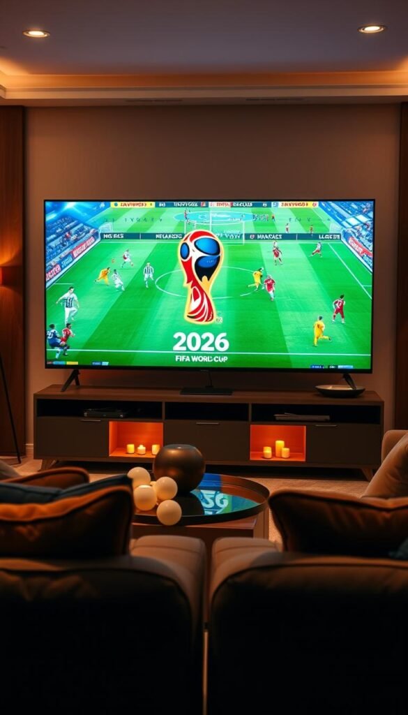 A high-quality live broadcast of the 2026 FIFA World Cup games in stunning 4K resolution, showcased on sleek, modern TV screens. The scene depicts a cozy living room with comfortable seating, warm lighting, and a central 65-inch 4K OLED display featuring the Hoxtoon Provider logo prominently. The camera captures the vibrant colors and lifelike details of the football match, immersing the viewer in the excitement of the event. The overall atmosphere is one of anticipation and enjoyment, inviting the viewer to experience the best of the 2026 FIFA World Cup with the top-tier IPTV service Hoxtoon Provider.